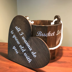 Bucket list romantic heart with wooden bucket