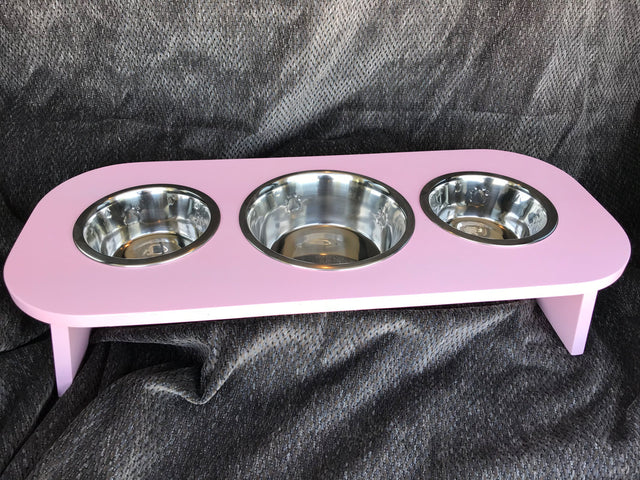 pink wooden dog bowl holder