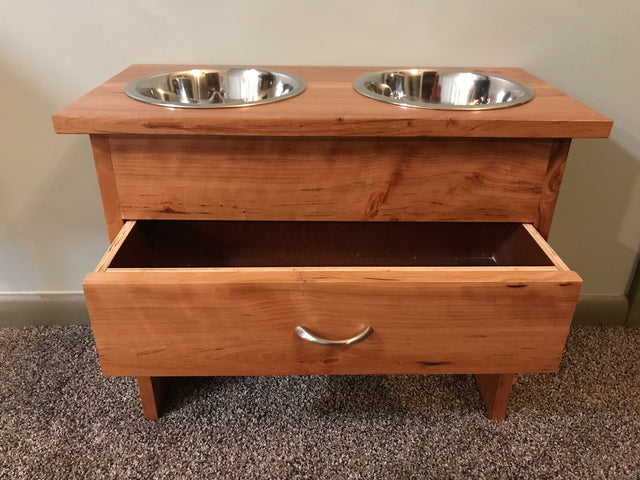 custom wooden dog bowl holder with storage drawer